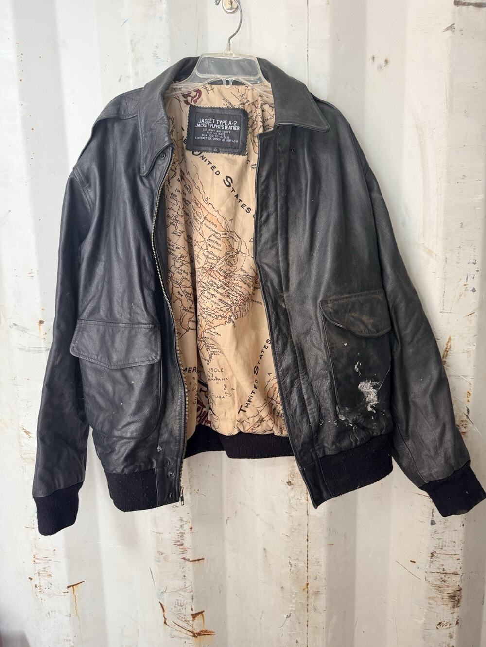 Vintage Type A-2 Leather US Army Air Force Flyer Black Bomber Jacket Map Large